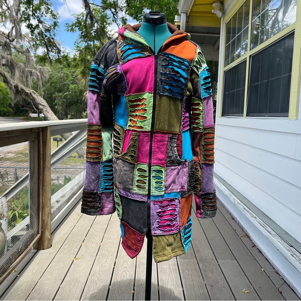 Vintage KPC Hooded Jacket Long Size XL Patchwork Jacket Boho Hippie - Picture 1 of 13